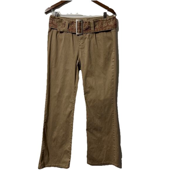 Y2K Ruff Hewn Womens Sz 10 Flare Khaki Pants Tan Embroidered Belt Hippie Boho - Picture 1 of 13